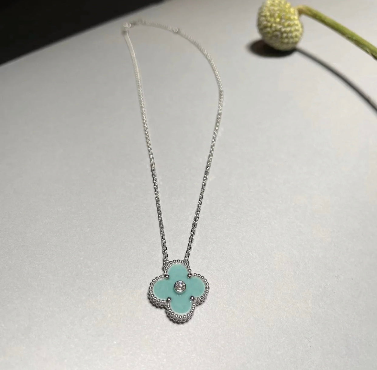 [Revel Jewelry]CLOVER 1 DIAMOND LIGHT BLUE SILVER NECKLACE