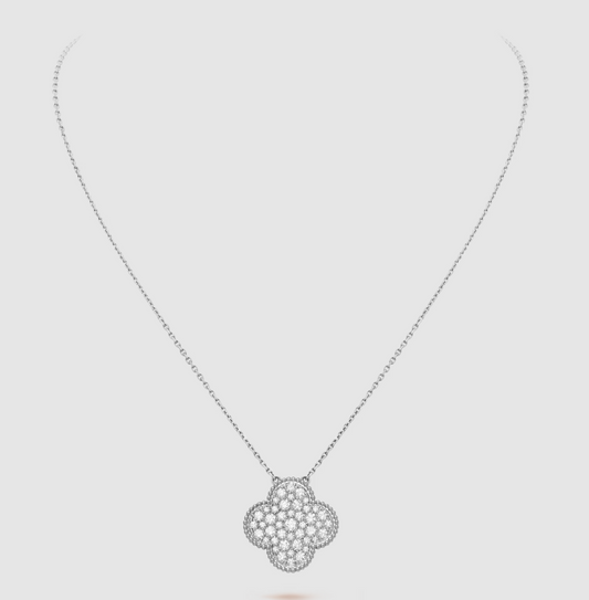 [Revel Jewelry]CLOVER 25MM LARGE PENDANT DIAMOND PAVED SILVER NECKLACE