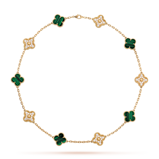 [Revel Jewelry]CLOVER 10 MOTIFS MALACHITE DIAMOND NECKLACE