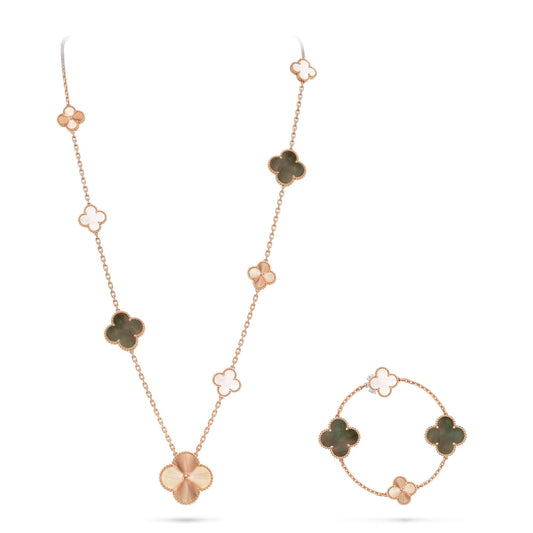 [Revel Jewelry]DETACHABLE CLOVER 15(11+4) FLOWER ROSE GOLD NECKLACE SET