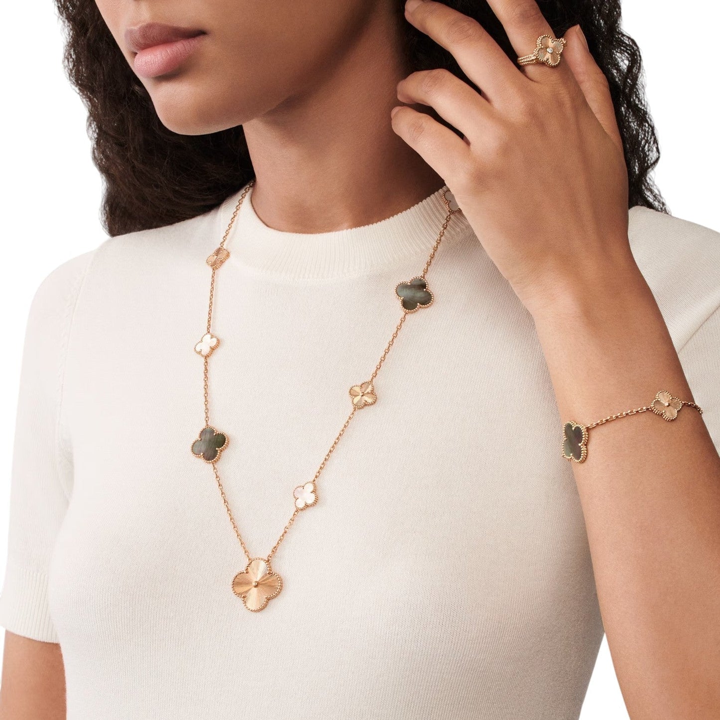 [Revel Jewelry]DETACHABLE CLOVER 15(11+4) FLOWER ROSE GOLD NECKLACE SET