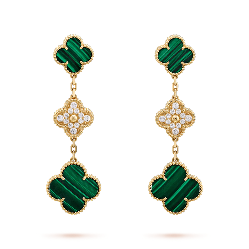 [Revel Jewelry]クローバー イヤリング ゴールド マラカイト ダイヤモンド 3モチーフ