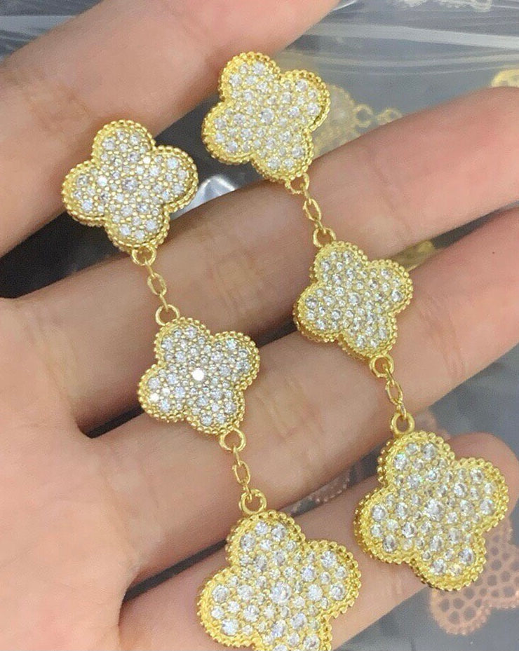 [Revel Jewelry]クローバー 3モチーフ ダイヤモンドパヴェ ローズゴールド＆ゴールドイヤリング
