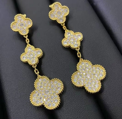 [Revel Jewelry]クローバー 3モチーフ ダイヤモンドパヴェ ローズゴールド＆ゴールドイヤリング