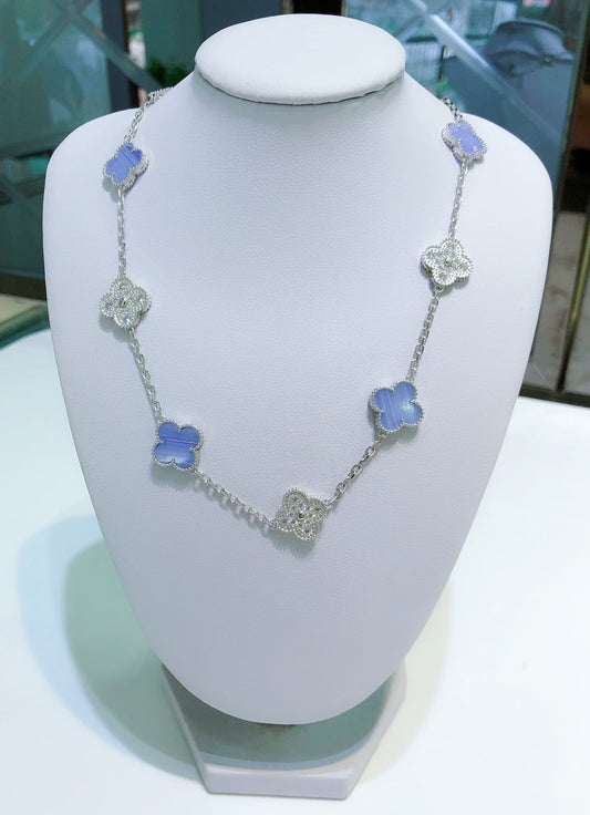 [Revel Jewelry]CLOVER 10 MOTIFS CHALCEDONY DIAMONDS SILVER NECKLACE