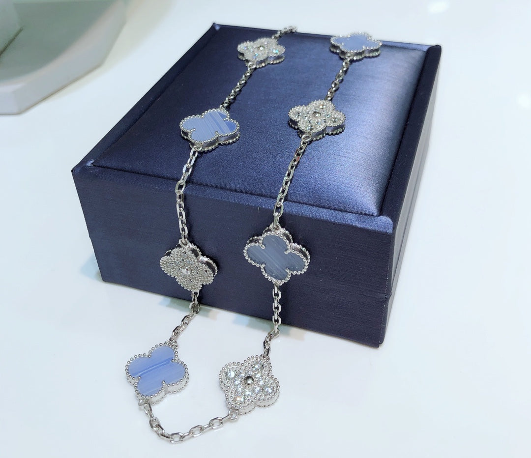 [Revel Jewelry]CLOVER 10 MOTIFS CHALCEDONY DIAMONDS SILVER NECKLACE